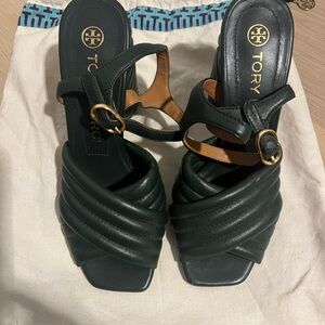 Tory Burch Quilted Leather Dark Green Kira Ankle Strap Sandals